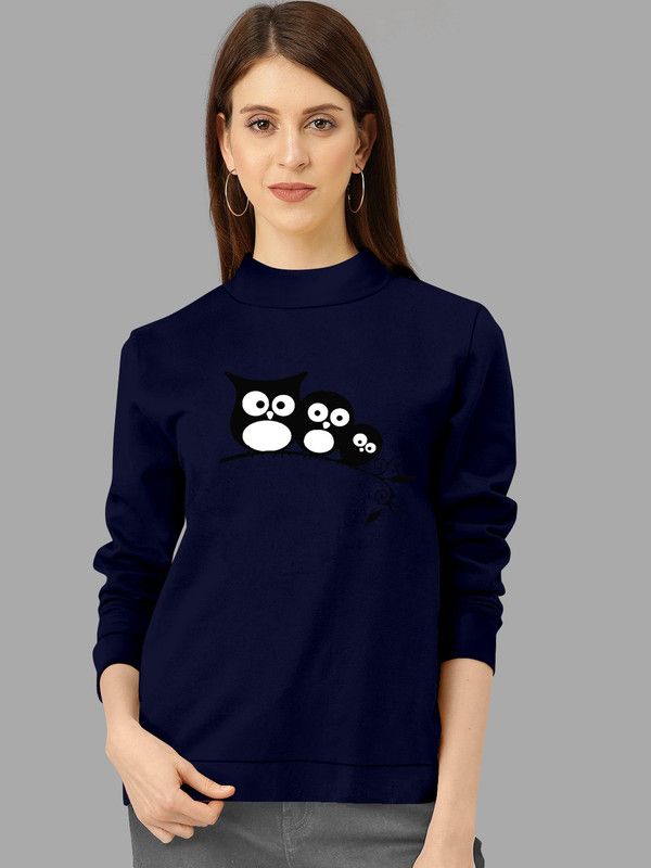 Women Printed High Neck Cotton Blend Blue T-Shirt