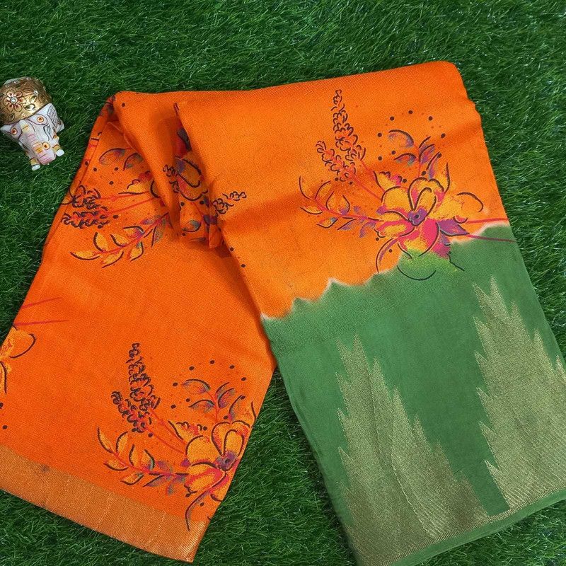 Fashion Silk Blend Saree  (Blue, Orange)
