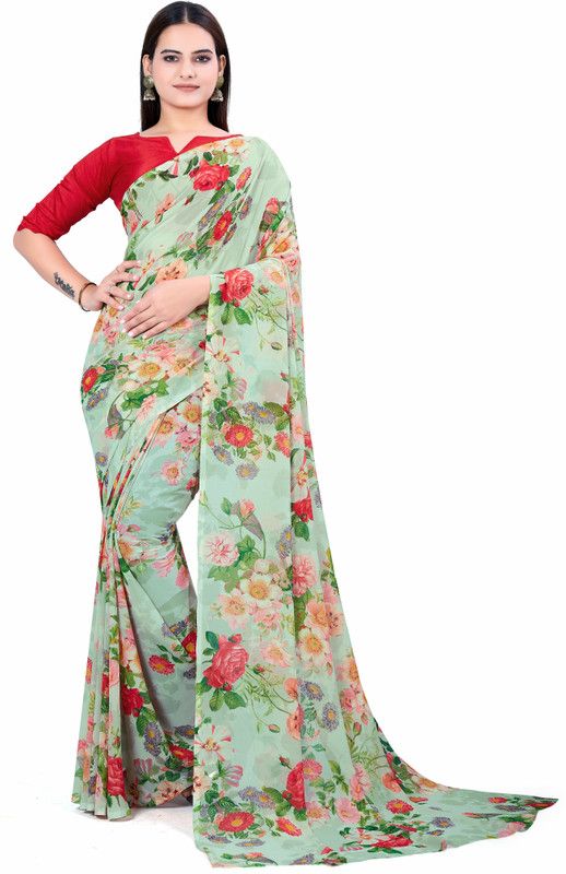 Digital Print, Embellished, Floral Print, Printed, Self Design, Woven Bollywood Chiffon, Georgette Saree  (Light Green, Red)
