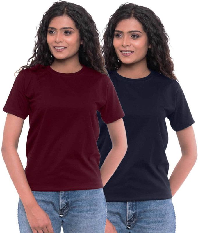 Pack of 2 Women Solid Round Neck Cotton Blend Maroon, Blue T-Shirt