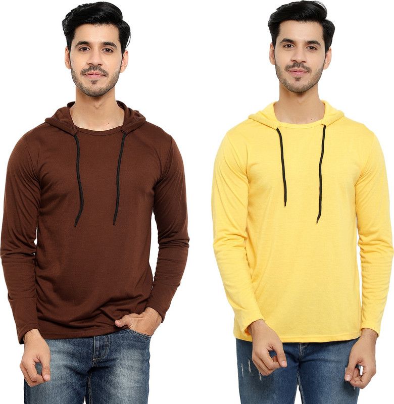 Pack of 2 HMT Men Solid Hooded Neck Cotton Blend Brown, Yellow T-Shirt
