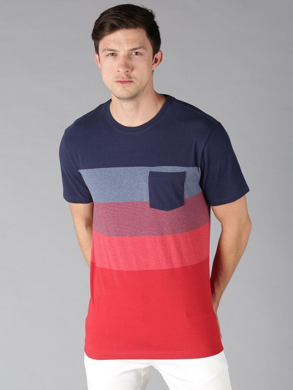 Men Colorblock Round Neck Pure Cotton Red, Blue, Grey T-Shirt