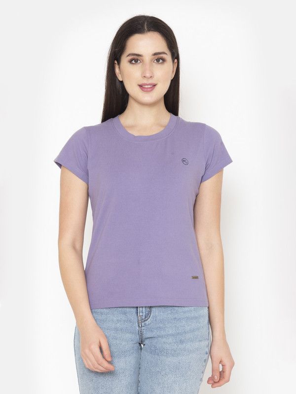 Mod-Tsh-352-M Women Solid Round Neck Cotton Blend Purple T-Shirt
