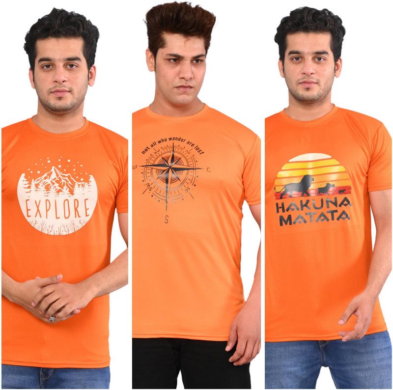 Pack of 3 sportwear Men Printed Round Neck Elastane Orange T-Shirt