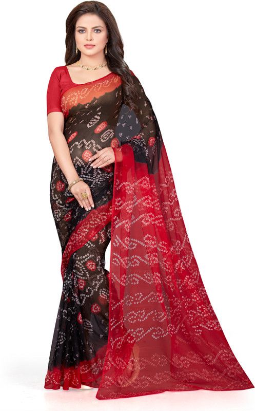 Printed Bandhani Handloom Georgette Saree  (Black)