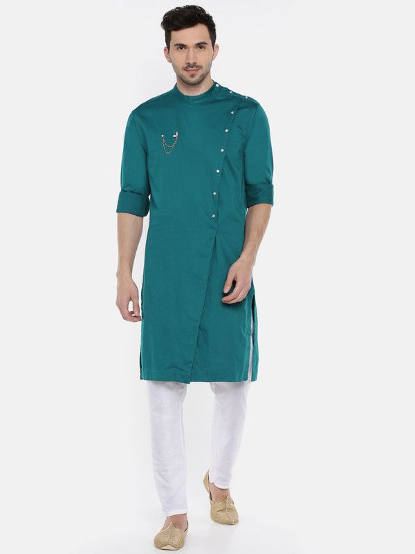Men Solid Pure Cotton Trail Cut Kurta  (Blue)