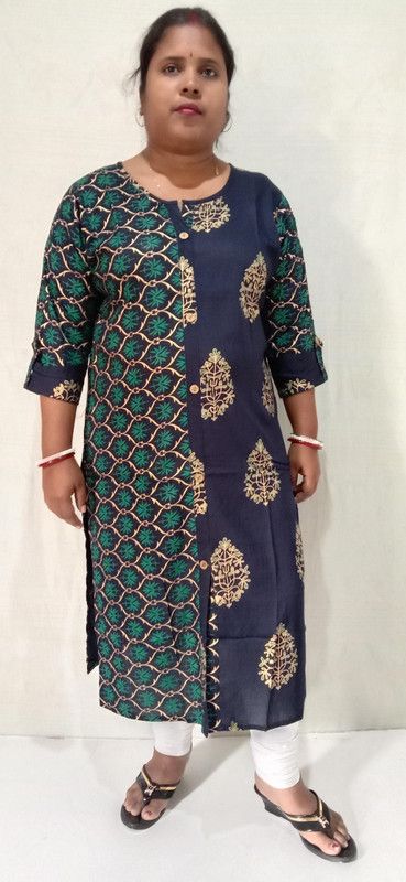 Women Printed Viscose Rayon Straight Kurta  (Dark Blue, Green, Gold)