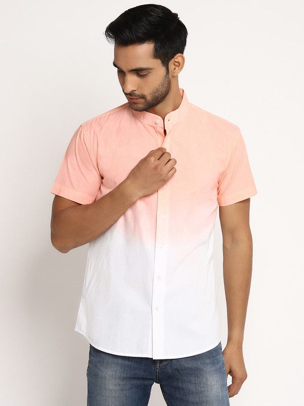 Men Regular Fit Dyed/Ombre, Washed, Solid Mandarin Collar Casual Shirt