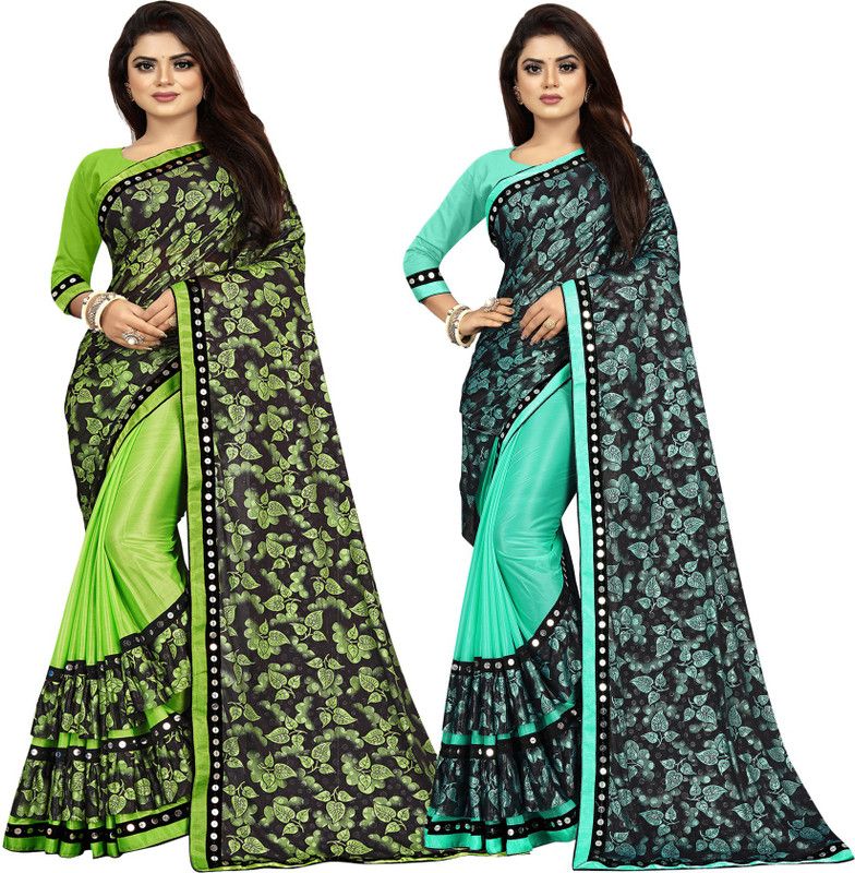 Embellished Bollywood Lycra Blend Saree  (Pack of 2, Light Blue, Light Green)
