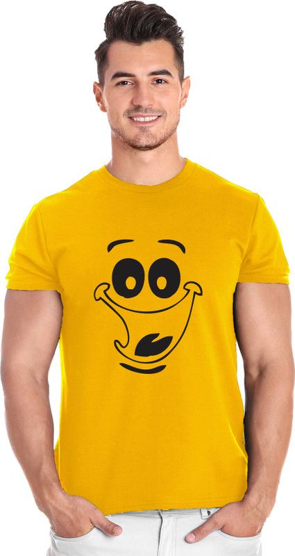 New Smiley Men Printed Round Neck Cotton Blend Yellow T-Shirt