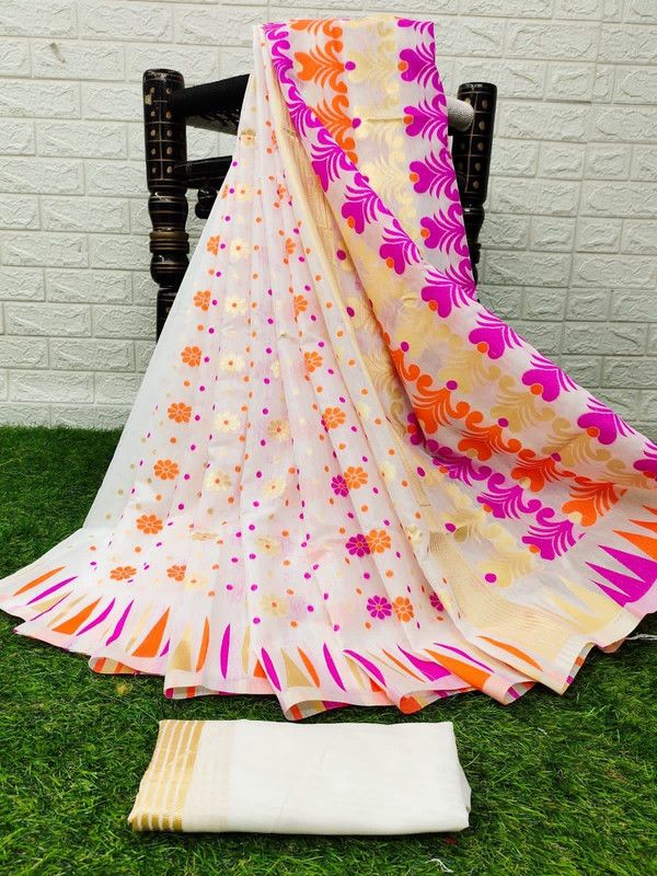 Banarasi Pure Cotton Saree  (Beige, Pink)