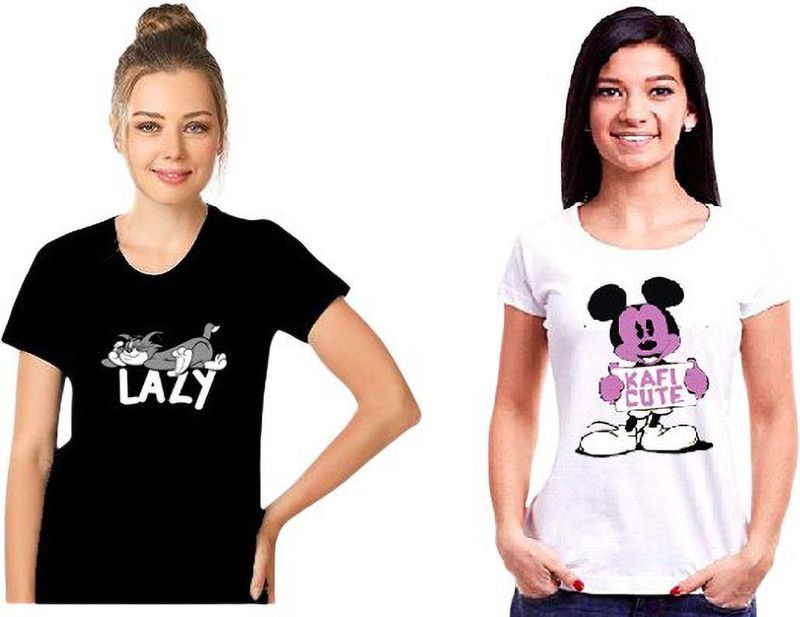 Pack of 2 Self Design Women Round Neck T-Shirt black white combo Women Self Design Round Neck Cotton Blend White, Black T-Shirt