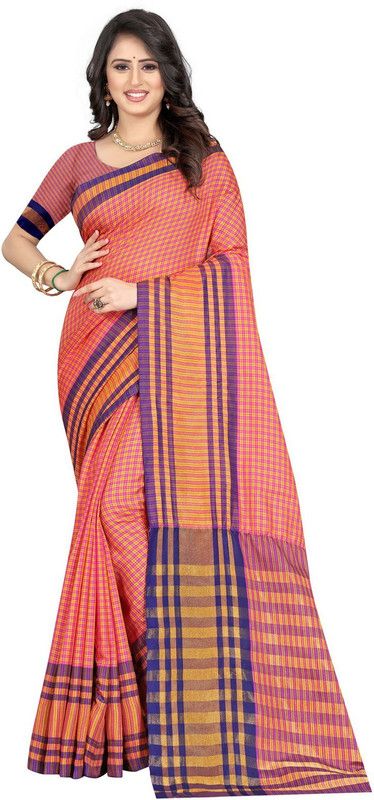 Checkered Chettinadu Cotton Blend, Cotton Silk Saree  (Pink)