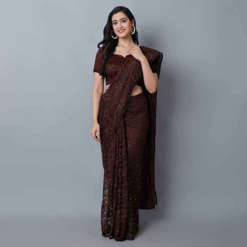 Self Design, Embellished, Woven, Dyed, Solid/Plain Bollywood Net, Art Silk Saree  (Brown)