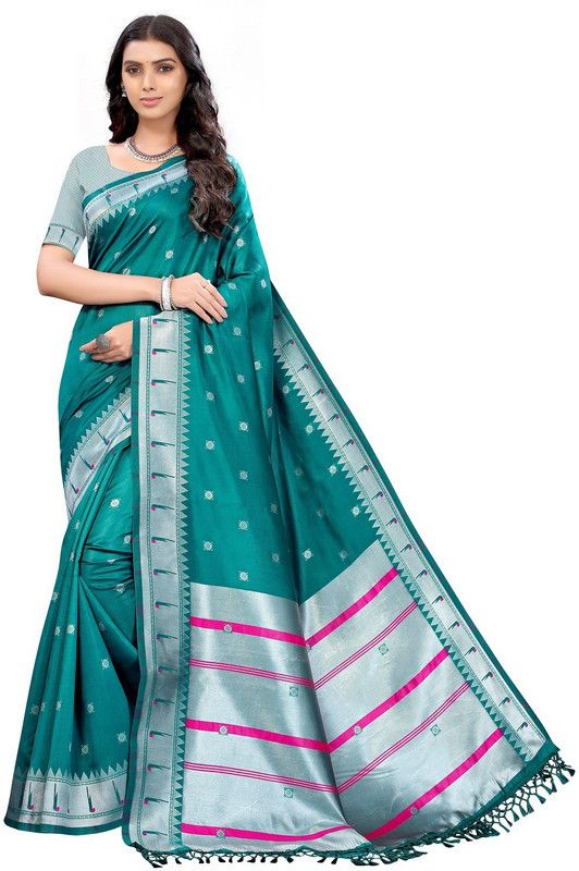 Woven Paithani Silk Blend Saree  (Dark Green)