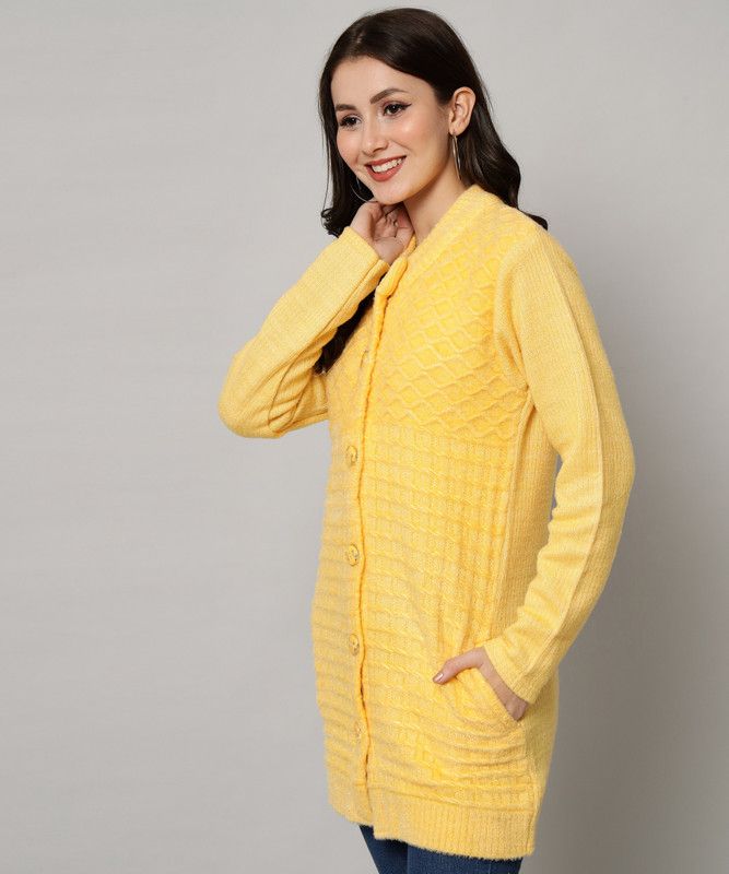 Women Woven Crew Neck Yellow Sweater