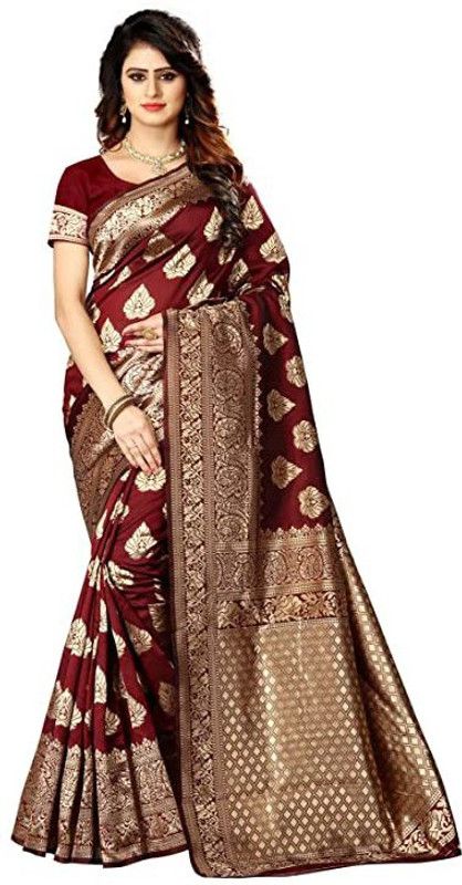 Floral Print Banarasi Silk Blend Saree  (Maroon)