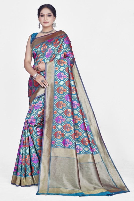 Woven Banarasi Silk Blend Saree  (Green, Multicolor)