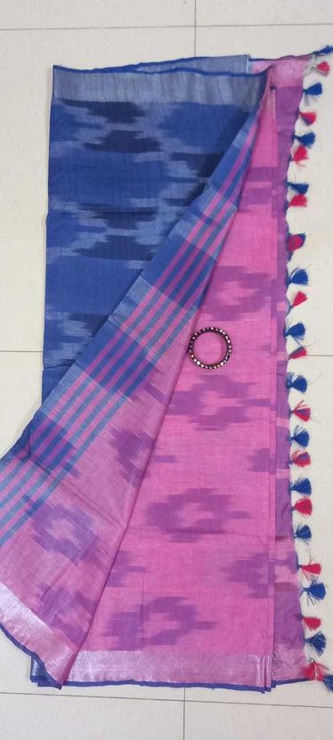 Printed Bhagalpuri Cotton Blend Saree  (Blue, Pink)