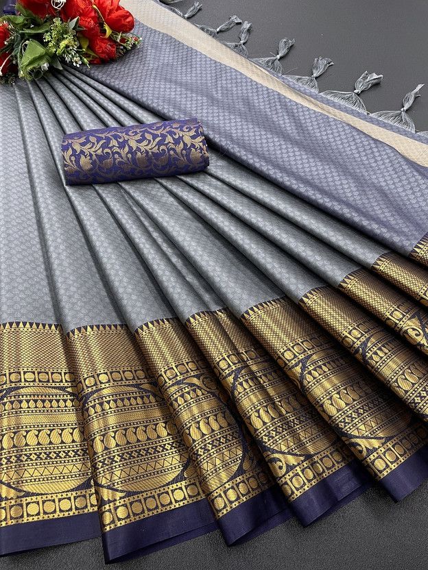 Woven, Dyed, Applique, Temple Border Dharmavaram Cotton Silk, Pure Silk Saree  (Grey)