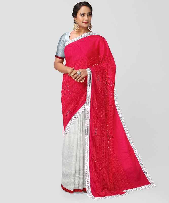Self Design Lucknow Chikankari Pure Cotton Saree  (Red, White)