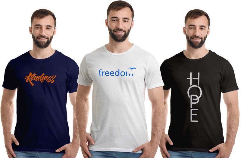 Pack of 3 Men Typography Round Neck Pure Cotton Dark Blue, White, Black T-Shirt