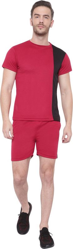 Men Top & Shorts Set Maroon Colorblock