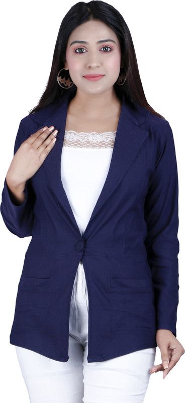 Women Solid Single Breasted Party Blazer  (Dark Blue)