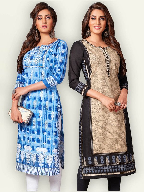 Pack of 2 Women Floral Print Pure Cotton Straight Kurta  (Blue, Black)