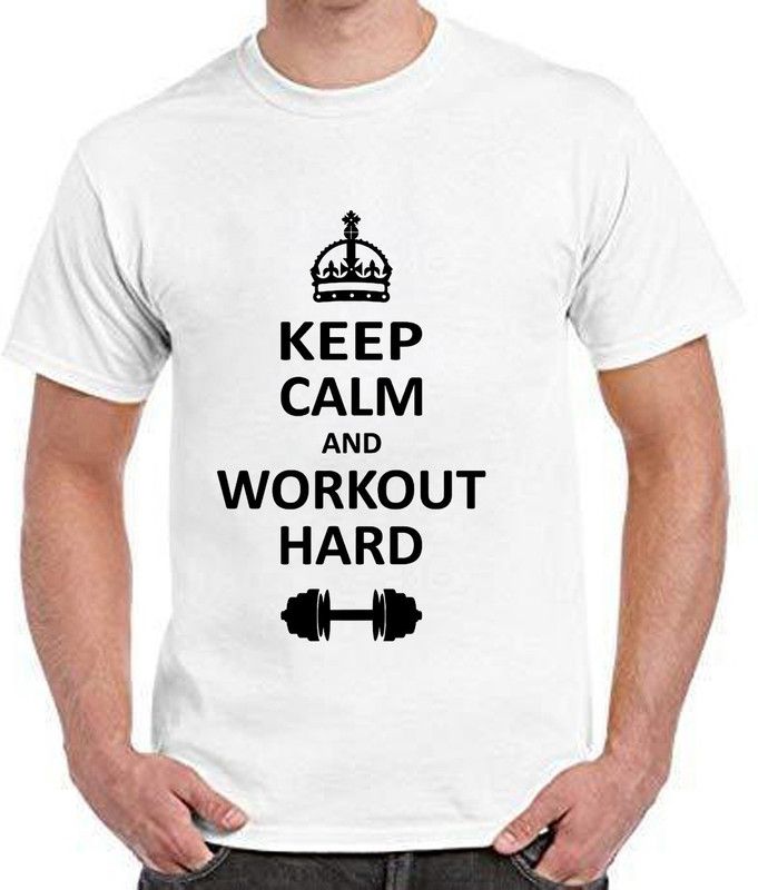 KEEP CALM & WORKOUT HARD TSHIRT Men Self Design Round Neck Poly Cotton White T-Shirt