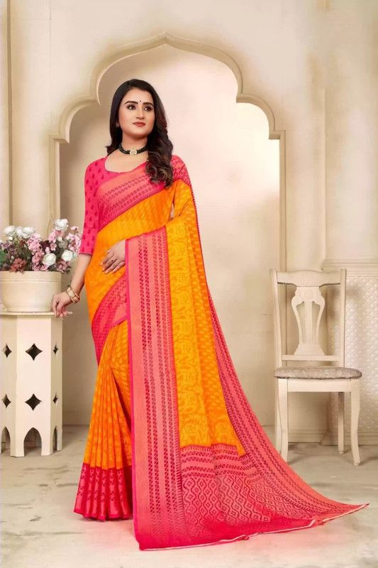 Printed Banarasi Viscose Rayon Saree  (Pink, Yellow)