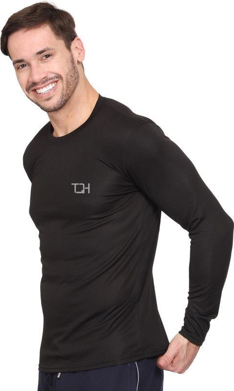 TQH Solid Men Full Sleeve Round Neck Black T-Shirt Men Solid Round Neck Polyester Black T-Shirt
