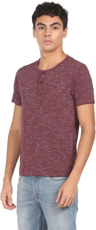 Men Self Design Henley Neck Cotton Blend Red T-Shirt