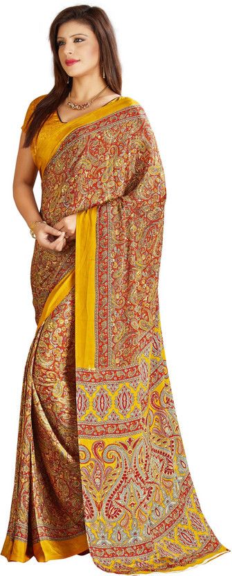 Printed Bollywood Crepe Saree  (Red, Yellow)