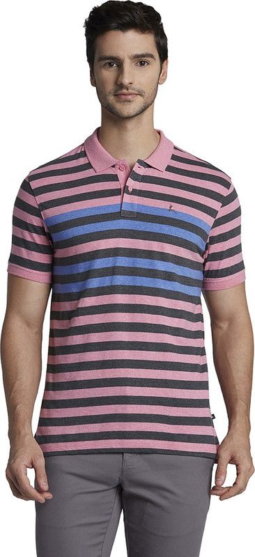 Men Striped Polo Neck Pure Cotton Blue, Pink, Grey T-Shirt