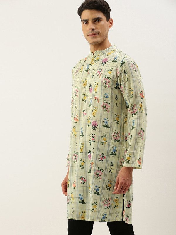 Men Floral Print Pure Cotton Straight Kurta  (Yellow)