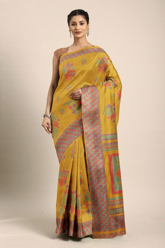 Floral Print Bhagalpuri Polyester Saree  (Yellow)