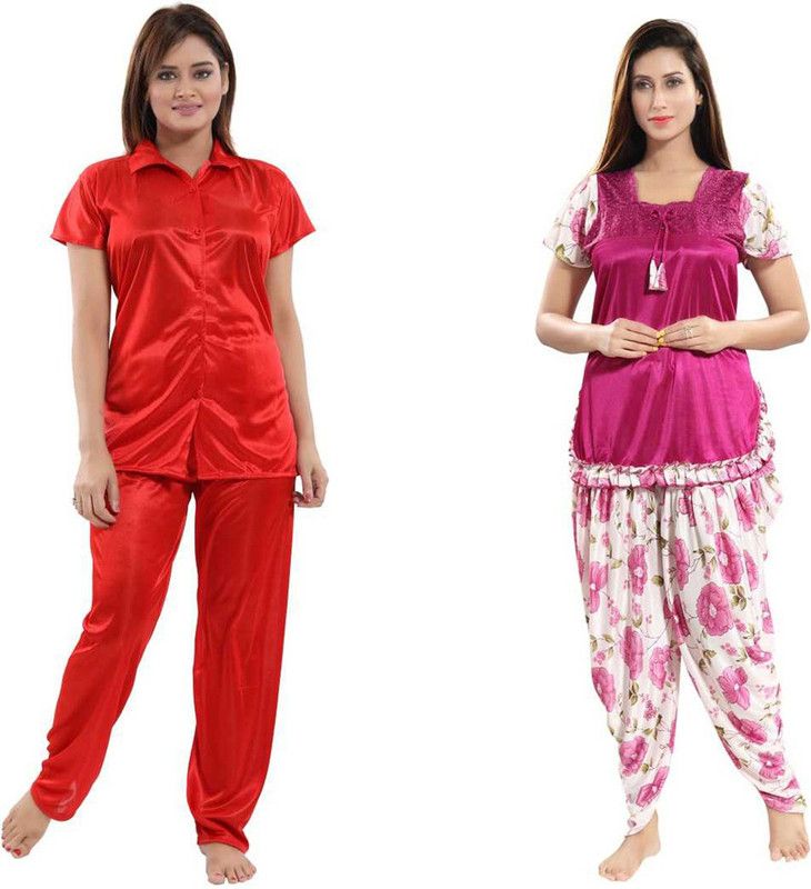 Women Top & Pyjama Set Red, Pink Solid, Printed