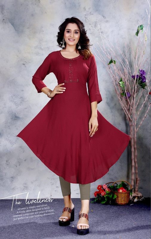Women Dyed/Ombre Viscose Rayon Flared Kurta  (Maroon)