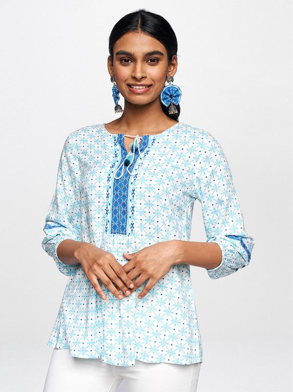 Casual Extended Sleeves Geometric Print Women Blue Top