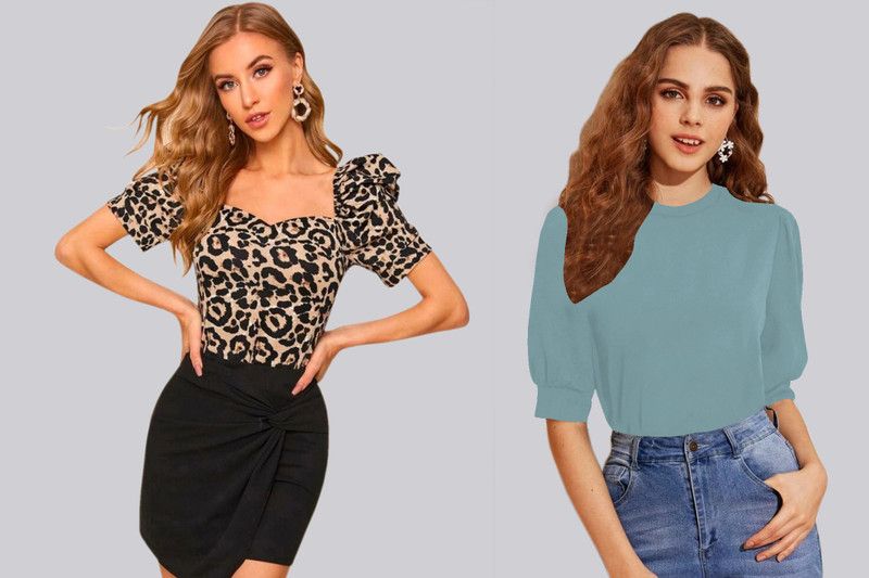 Pack of 2 Casual Puff Sleeves Printed, Animal Print Women Light Green Top