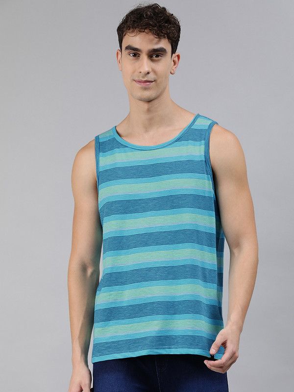 Men Striped Round Neck Pure Cotton Green, Blue T-Shirt