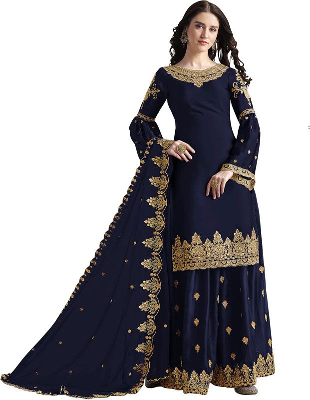 Semi Stitched Silk Blend Kurta & Patiyala Material Embroidered