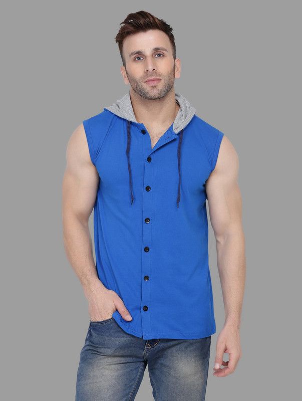 Faizaan Men Solid Hooded Neck Cotton Blend Blue T-Shirt