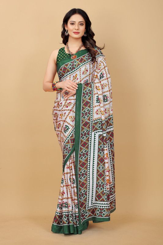 Woven Patola Jacquard, Cotton Silk Saree  (Silver, Dark Green, White, Yellow)