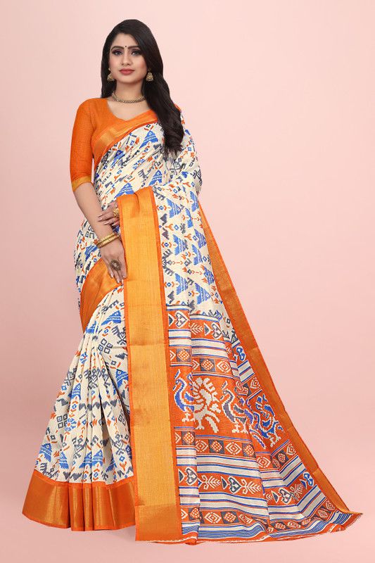 Animal Print Bollywood Cotton Silk Saree  (White, Orange)