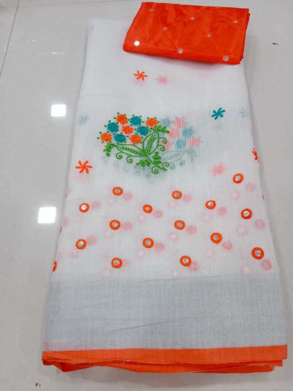 Chanderi Cotton Linen Saree  (Orange, White)