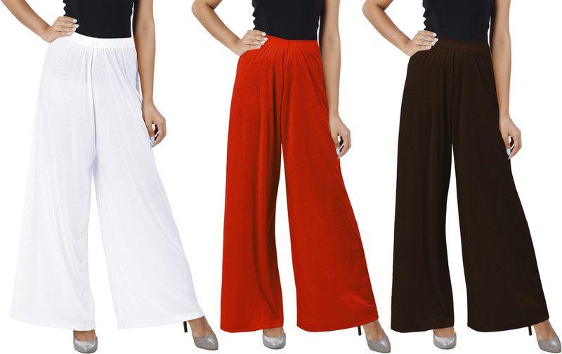 Pack of 3 Women Flared White, Orange, Brown Cotton Blend Trousers