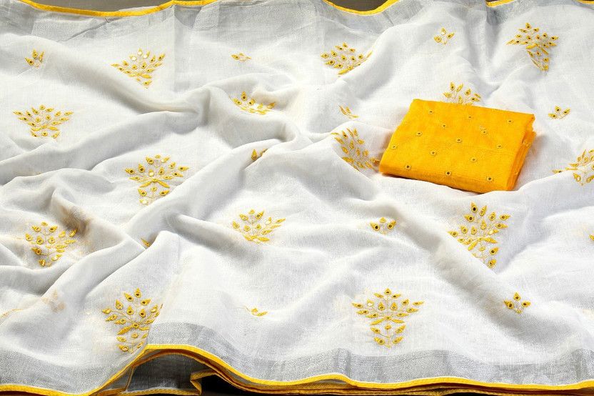 Printed Mysore Linen Saree  (Yellow)