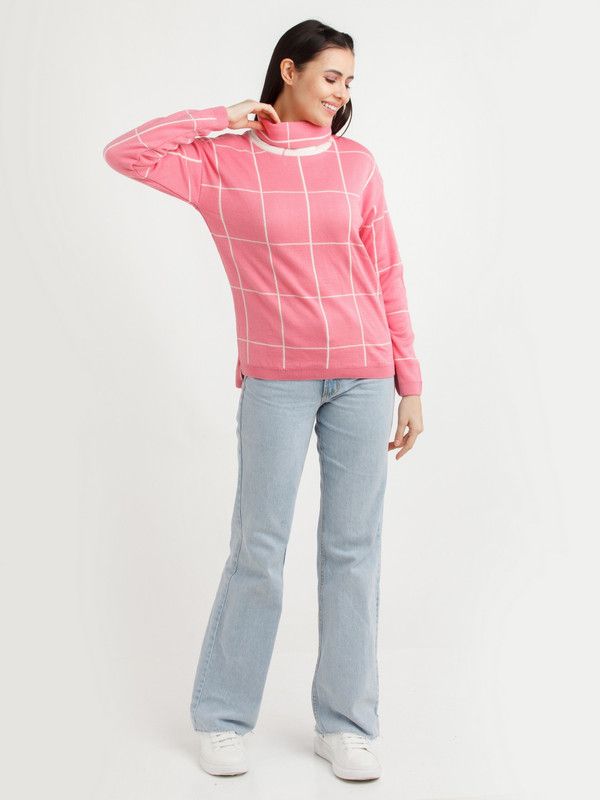 Women Checkered Turtle Neck Pink Sweater